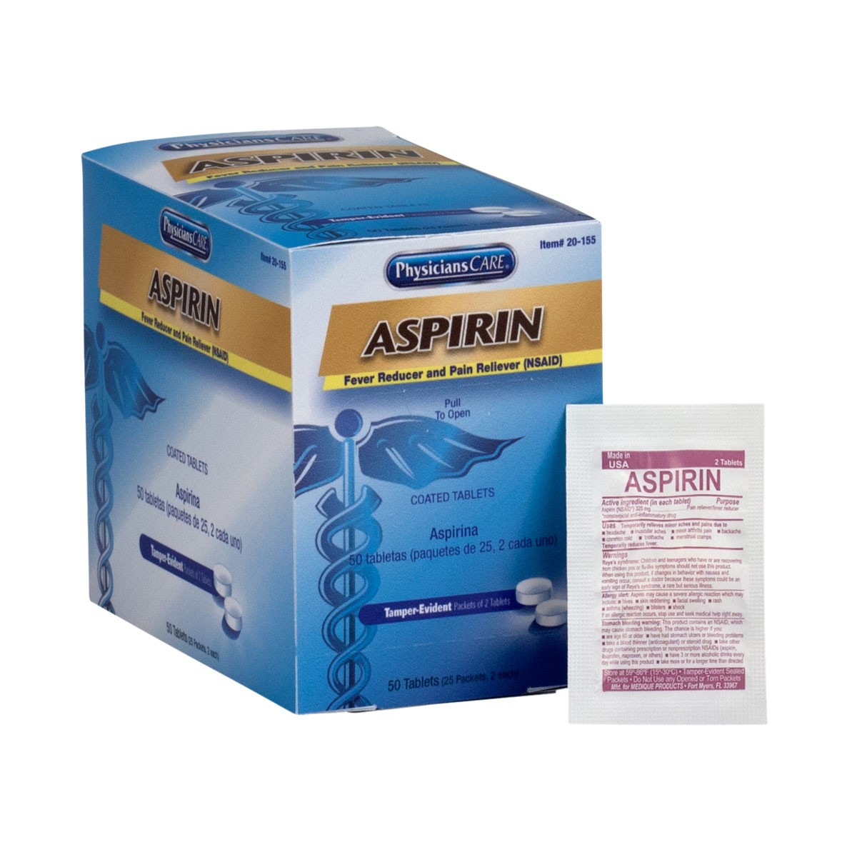 PhysiciansCare 325mg Aspirin, 25x2/Box - First Aid Safety